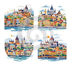 Budapest cityscape simple cartoon vector set. Panoramic architectural landscapes hungary capital sights buildings