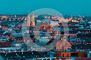 Budapest cityscape and spires of St Elisabeth Church at night. Hungary. Blue hour photo