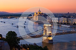 Budapest cityscape sunset with Chain Bridge and Parliament Build
