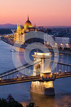 Budapest cityscape sunset with Chain Bridge and Parliament Building