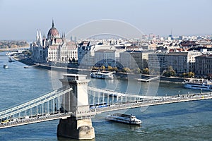 Budapest cityview with Parliament Building and Szechenyi Chain Bridge acrossing Danube river
