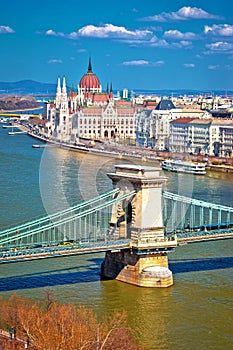 Budapest Danube river waterfront Chain bridge and Parliament building panoramic view