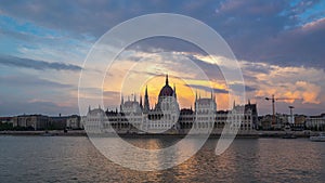 Budapest day to night timelapse with Parliament Building and Danube River in Hungary