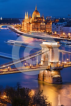 Budapest at dusk: Parliament and Chain Bridge