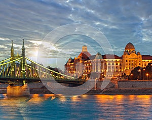 Budapest dusk view. Long exposure. Hungarian landmarks, Freedom Bridge and Gellert Hotel Palace