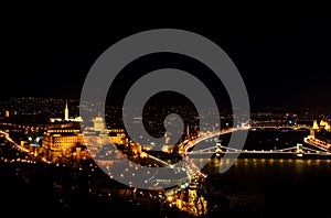 Budapest evening panorama with Buda Castle and Danube riverbank
