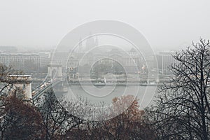 Budapest in Foggy day, Hungary, View On Chain Bridge and St. Stephens Basilica Building