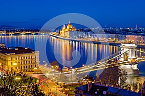 Budapest, Hungarian Parliament and Danube at blue hour