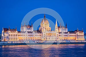 Budapest, Hungarian Parliament and Danube by night at blue hour