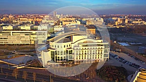 Budapest, Hungary - 4K aerial footage of drone approaching of the Hungarian National Theatre at golden sunset