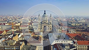Budapest, Hungary - 4K aerial footage of drone approaching to St.Stephen`s Basilica over Zrinyi street