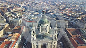 Budapest, Hungary - 4K aerial footage of drone flying away from St.Stephen`s Basilica on a winter day