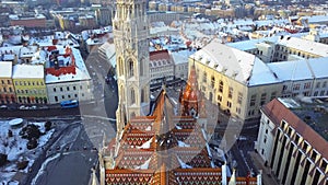 Budapest, Hungary - 4K aerial footage of drone takes off at the beautiful Matthias Church at winter time