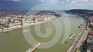 Budapest, Hungary - 4K Aerial skyline view of centre of Budapest with Hungarian Parliament, Szechenyi Chain Bridge