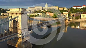 Budapest, Hungary - 4K aerial view of Szechenyi Chain Bridge at sunrise