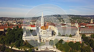 Budapest, Hungary - 4K flying towards the famous Fisherman`s Bastion Halaszbastya and Matthias Church