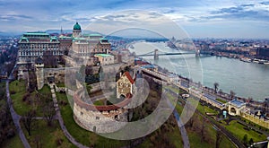 Budapest, Hungary - Aerial drone skyline view of Buda Castle Royal Palace with Szechenyi Chain Bridg