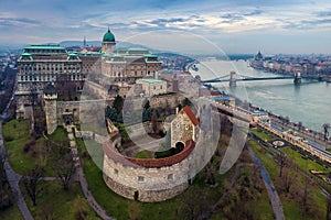 Budapest, Hungary - Aerial drone skyline view of Buda Castle Royal Palace with Szechenyi Chain Bridge