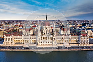 Budapest, Hungary - Aerial drone view of the beautiful Hungarian Parliament building with warm colors at sunset