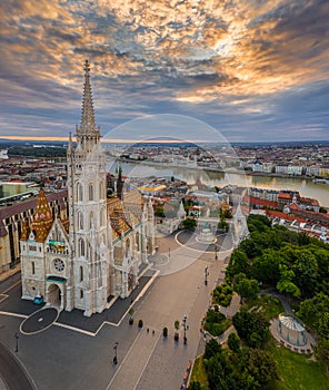 Budapest, Hungary - Aerial drone view of the beautiful Matthias Church in the morning with Fisherman`s Bastion Halaszbastya