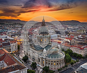 Budapest, Hungary - Aerial drone view of the beautiful St.Stephen`s Basilica Szent Istvan Bazilika with a golden sunset