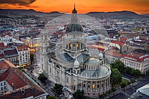 Budapest, Hungary - Aerial drone view of the beautiful St.Stephen`s Basilica Szent Istvan Bazilika with a golden sunset