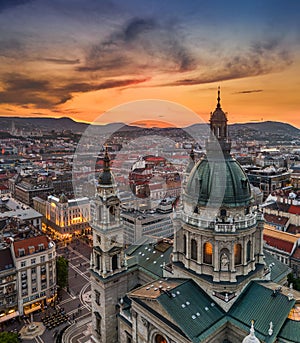 Budapest, Hungary - Aerial drone view of the beautiful St.Stephen`s Basilica Szent Istvan Bazilika with a golden sunset