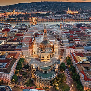 Budapest, Hungary - Aerial drone view of the famous illuminated St.Stephen`s Basilica Szent Istvan Bazilika at blue hour