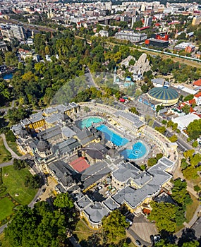 Budapest, Hungary - Aerial drone view of the famous Szechenyi Thermal Bath in City Park Varosliget with Budapest Zoo
