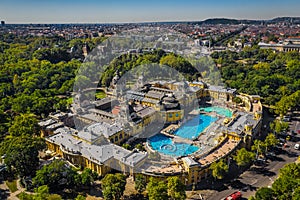 Budapest, Hungary - Aerial drone view of the famous Szechenyi Thermal Bath and Spa on a sunny summer day