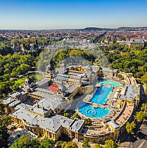 Budapest, Hungary - Aerial drone view of the famous Szechenyi Thermal Bath and Spa on a sunny summer day