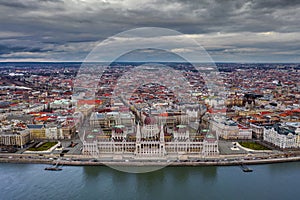 Budapest, Hungary - Aerial panoramic drone view of the beautiful Hungarian Parliament building with Puskas Arena at background