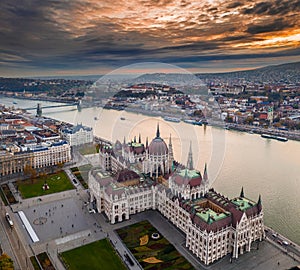 Budapest, Hungary - Aerial panoramic drone view of the Hungarian Parliament building on a november afternoon