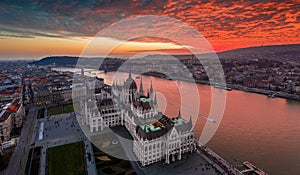Budapest, Hungary - Aerial panoramic drone view of the Hungarian Parliament building on a winter afternoon