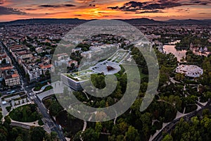 Budapest, Hungary - Aerial panoramic skyline of Budapest at dusk with colorful sunset with Museum of Ethnography