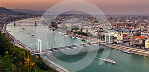 Budapest, Hungary - Aerial panoramic skyline of Budapest at sunset with Elisabeth Bridge Erzsebet Hid