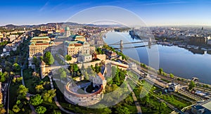 Budapest, Hungary - Aerial panoramic skyline view of Buda Castle Royal Palace with Szechenyi Chain Bridge