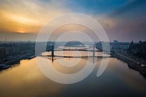 Budapest, Hungary - Aerial panoramic skyline view of Liberty Bridge over River Danube