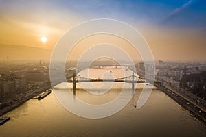 Budapest, Hungary - Aerial panoramic skyline view of Liberty Bridge Szabadsag Hid over River Danube