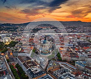 Budapest, Hungary - Aerial panoramic skyline view of Budapest at sunset with St.Stephen`s Basilica. Buda Castle Royal Palace