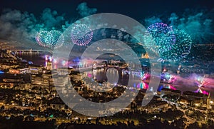 Budapest, Hungary - Aerial panoramic view of the 20th August 2019 State Foundation Day fireworks with illuminated Buda Castle