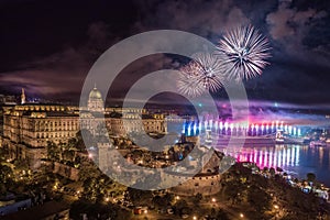 Budapest, Hungary - Aerial panoramic view of the 20th August 2019 State Foundation Day fireworks with illuminated Buda Castle