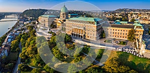 Budapest, Hungary - Aerial panoramic view of the beautiful Buda Castle Royal Palace at sunrise