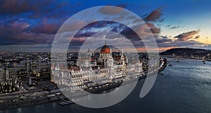 Budapest, Hungary - Aerial panoramic view of the beautiful illuminated Parliament of Hungary with Szechenyi Chain Bridge