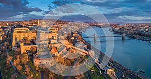 Budapest, Hungary - Aerial panoramic view of Buda Castle Royal Palace with Szechenyi Chain Bridge, Parliament