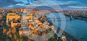 Budapest, Hungary - Aerial panoramic view of Buda Castle Royal Palace with Szechenyi Chain Bridge, Parliament