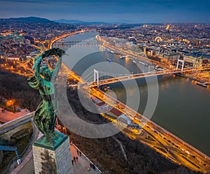 Budapest, Hungary - Aerial panoramic view of Budapest from above, with Statue of Liberty, Elisabeth and Szecheni Chain Bridge