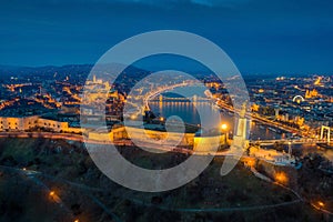 Budapest, Hungary - Aerial panoramic view of Budapest at blue hour