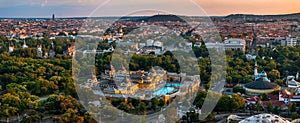 Budapest, Hungary - Aerial panoramic view of City Park at sunset time. In this view includes Szechenyi Bath, Heroes Square photo