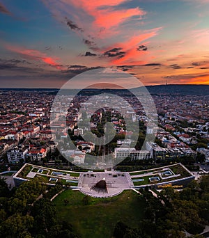 Budapest, Hungary - Aerial panoramic view of the Museum of Ethnography at City Park with skyline of Budapest at background